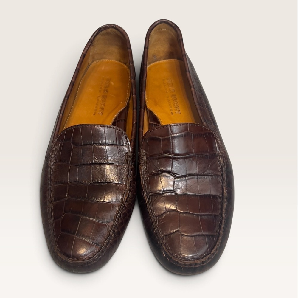 Ralph Lauren Polo Sport Driving Loafers Women 8B Brown Croc Embossed Leather